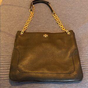 Tory Burch Black Pebbled Leather Shoulder Bag with Gold Chain